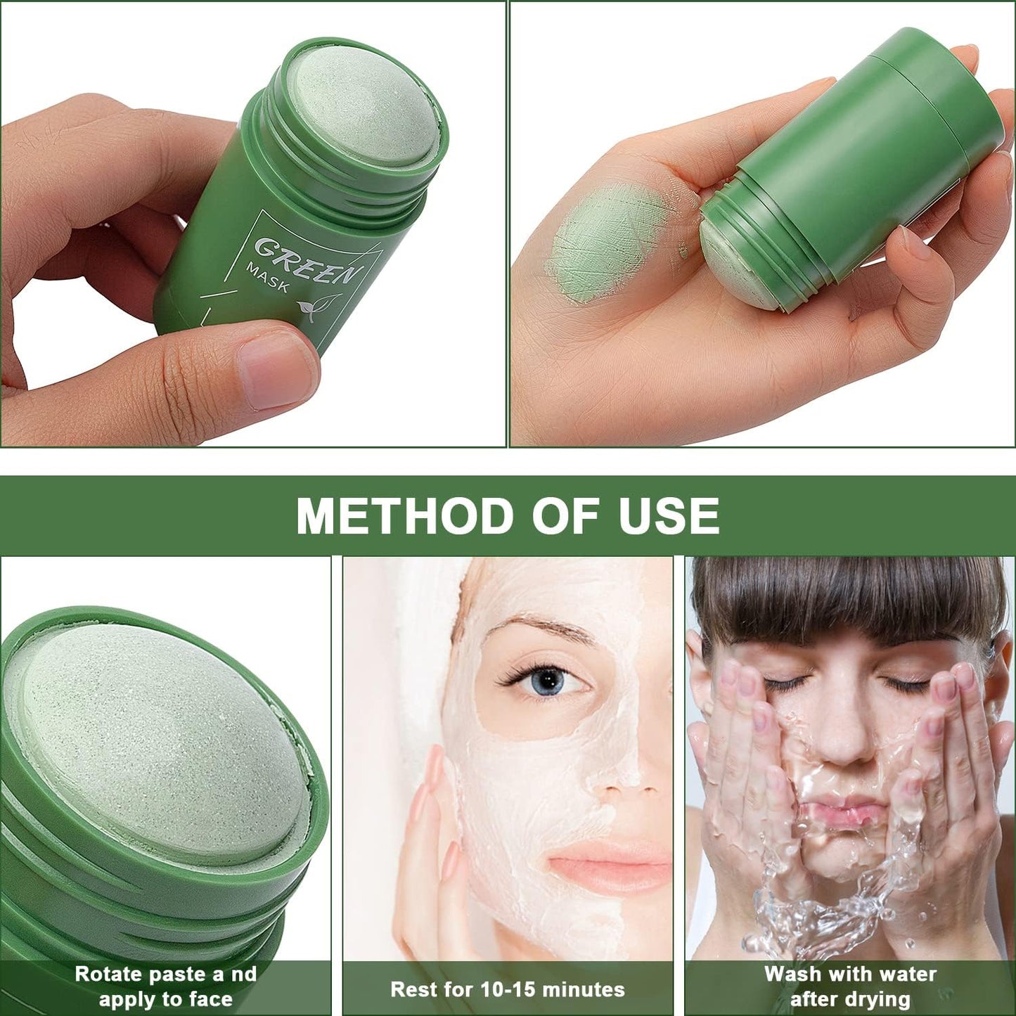 2 Pack Green Mask Stick, Green Tea Stick Cleansing Mask, Potente Mascarilla de Arcilla Purificadora de té verde, Mascarilla Limpiadora Facial Eliminación de Espinillas (A)